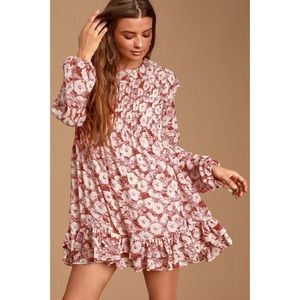 Free People These Dreams Floral Pleated Long Sleeve Mini Dress in Tea Combo